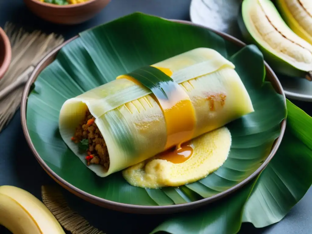 Delicado tamal peruano tradicional deslumbrando con capas de masa húmeda y sabrosa variedad de ingredientes