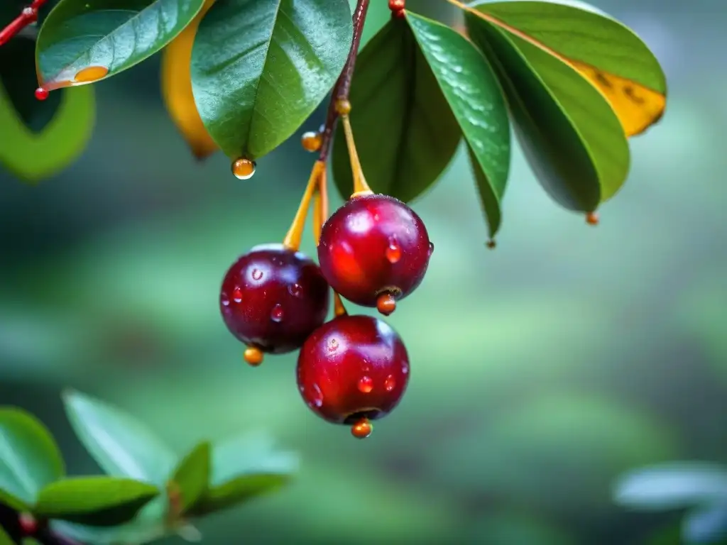 Delicados camu camu maduros brillan bajo el sol amazónico