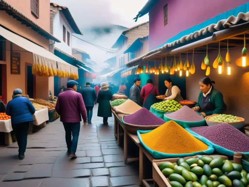 Delicias culinarias en el bullicioso Mercado de San Pedro Cusco, con variados platos peruanos y clientes entusiastas