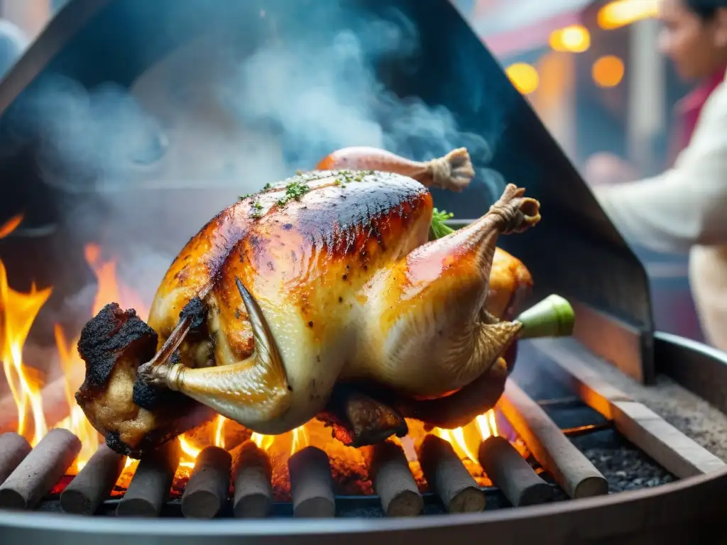 Delicias del mercado peruano con pollo a la brasa en horno tradicional