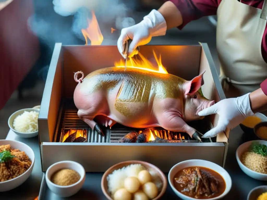 Cocinando una deliciosa Caja China en la Cocina: cerdo sazonado listo para asar, chef experto y mucho vapor