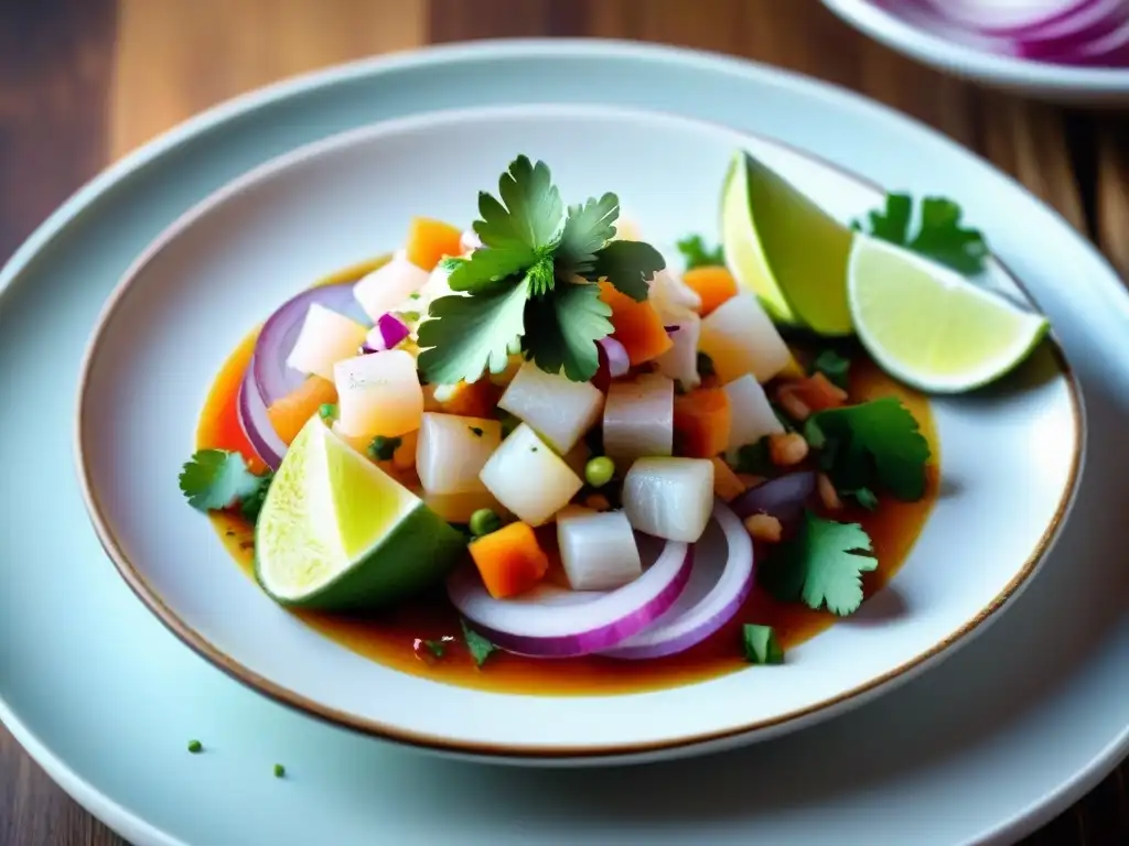 Deliciosa presentación de ceviche peruano con limón, cebolla y cilantro en plato blanco