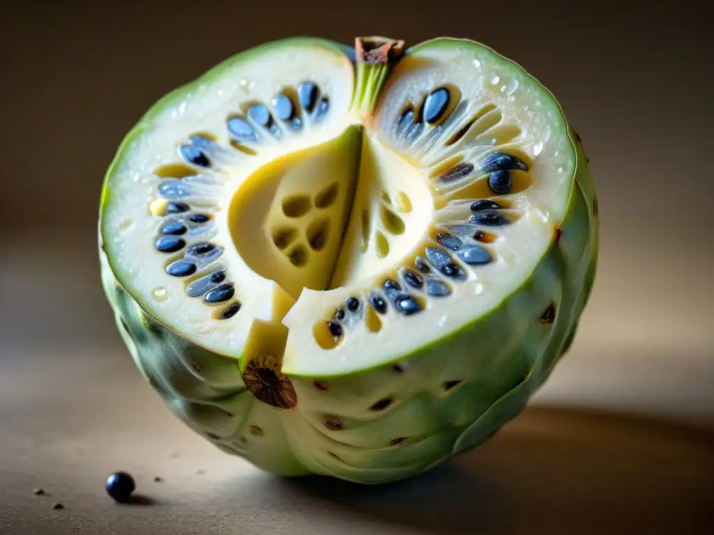 Deliciosa cherimoya peruana lista para receta refresco, con pulpa blanca y semillas oscuras en su interior