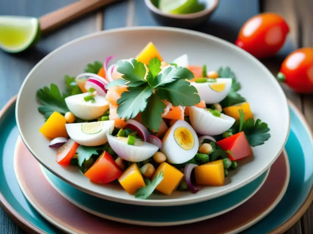 Una deliciosa y colorida presentación de ceviche peruano en una cevichería en el norte de Perú