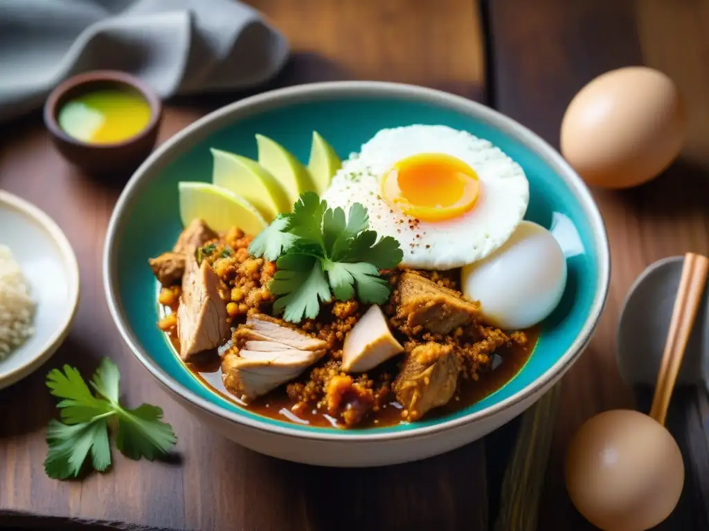 Saborea el ají de gallina: una explosión de sabor peruano Una deliciosa y colorida imagen de un bowl de ají de gallina sobre mesa de madera