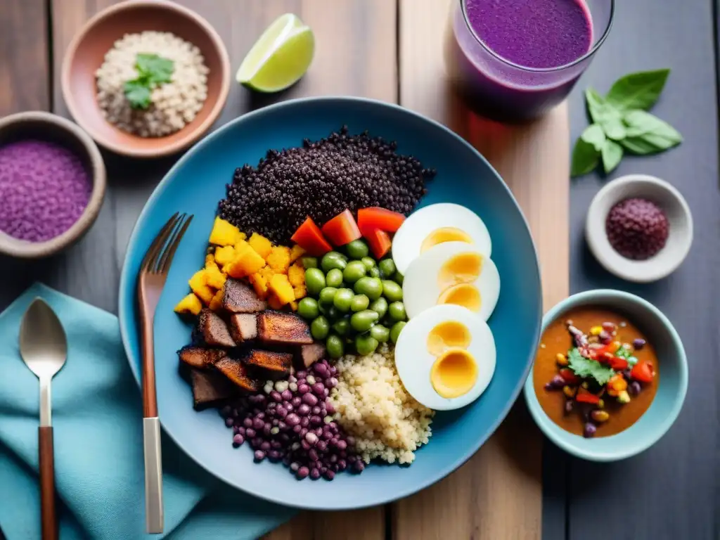 Delicias peruanas ricas en hierro: quinoa, alpaca y lucuma Deliciosa comida peruana rica en hierro para combatir anemia: ensalada de quinoa, carne de alpaca, chicha morada y lucuma en mesa andina