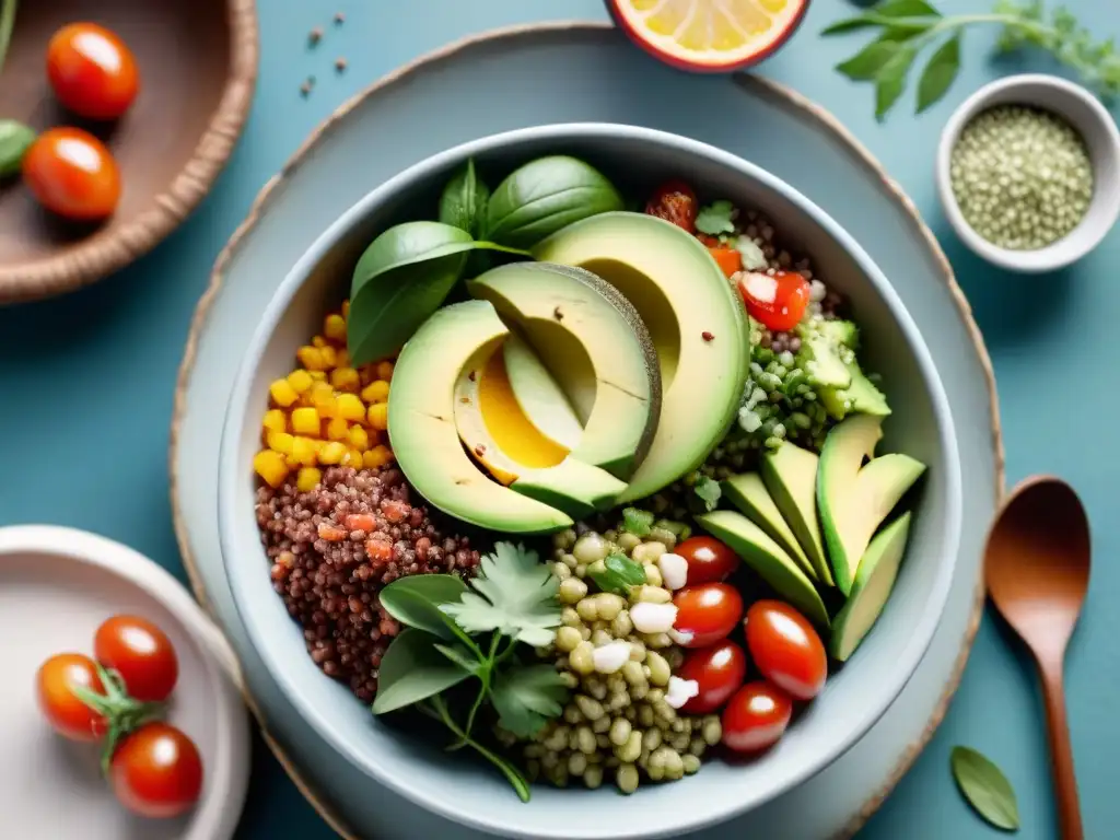 Deliciosa ensalada andina de supergranos con tomate, aguacate y hierbas frescas, aliñada con aderezo cítrico