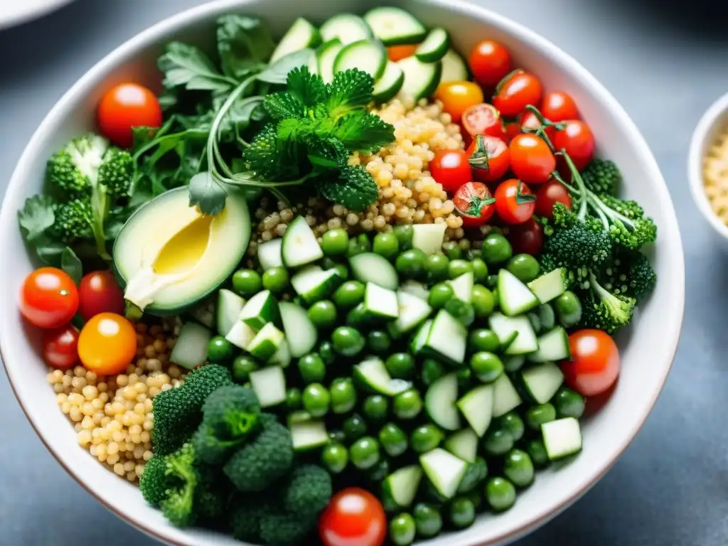 Deliciosa ensalada de quinua andina con vegetales frescos y aderezo, destacando colores y texturas