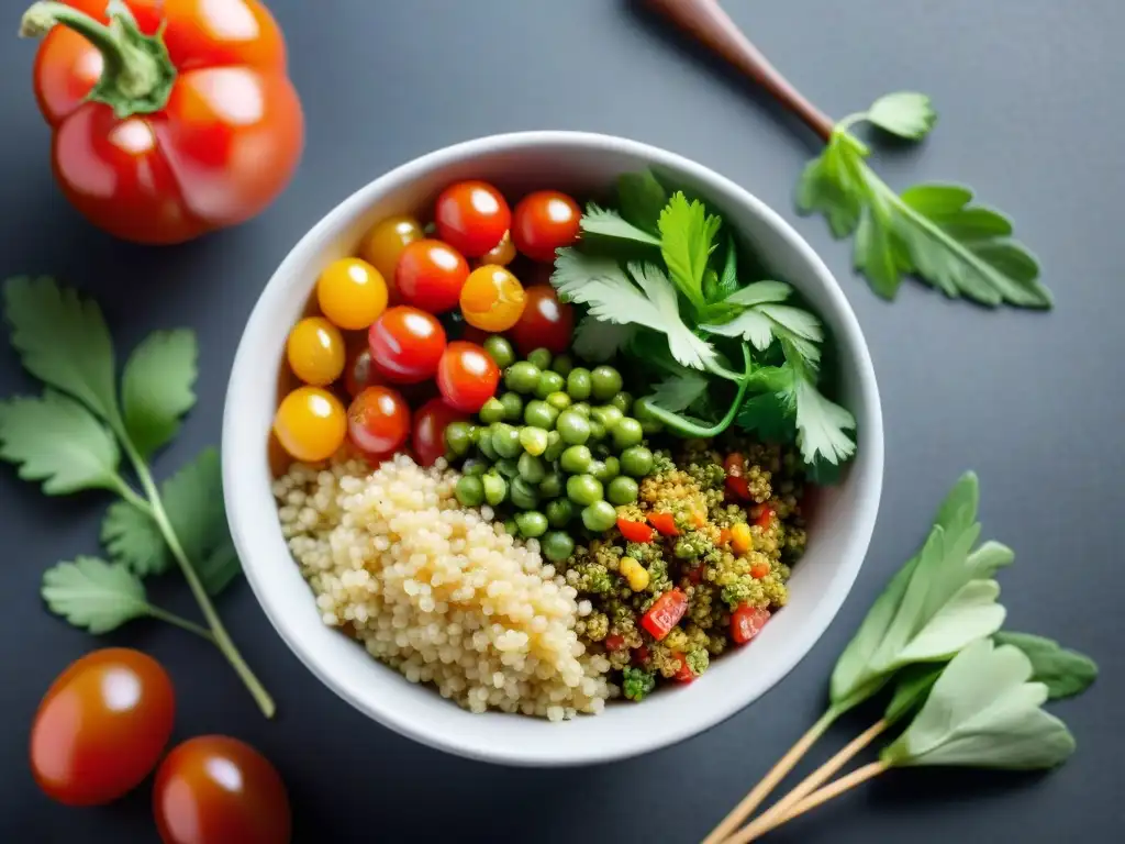 Deliciosa ensalada de quinua andina con vegetales frescos en un tazón colorido