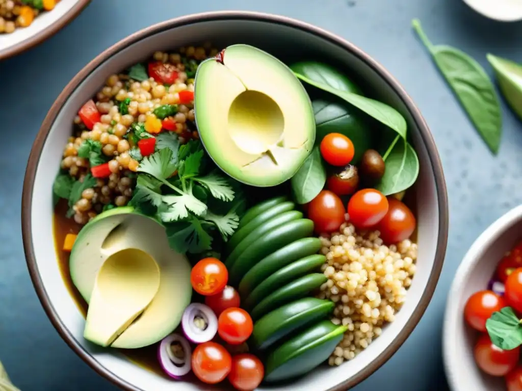 Deliciosa ensalada de supergranos peruanos vibrantes con vegetales frescos y aderezo ligero