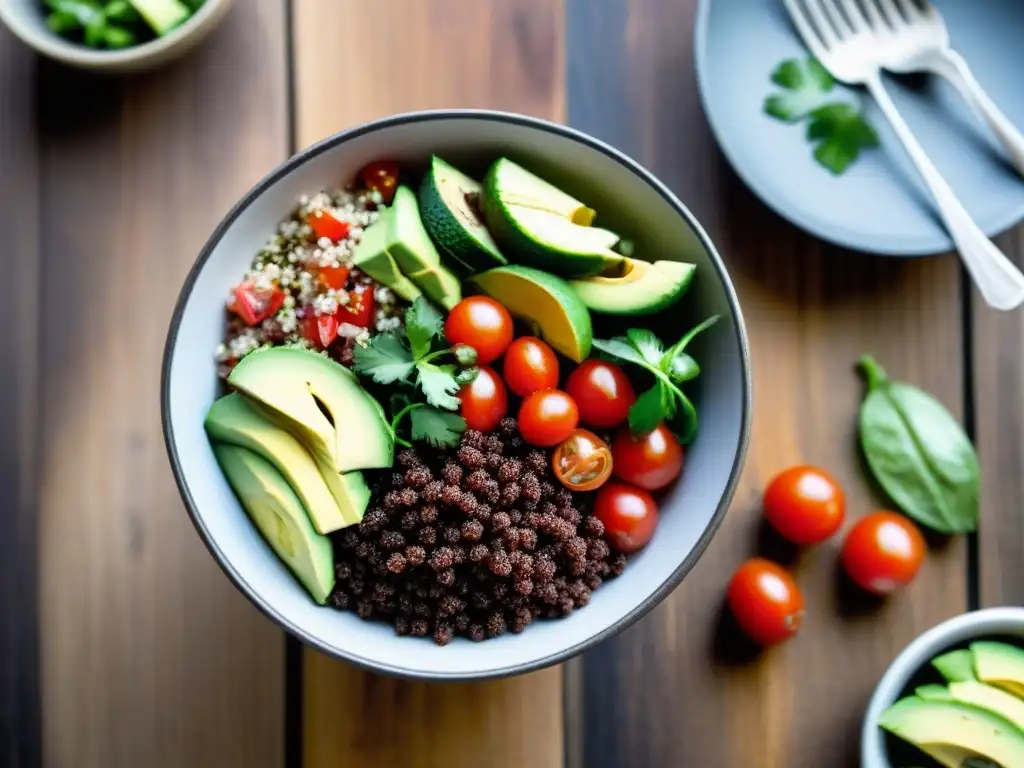 Deliciosa ensalada de quinoa con tomate, pepino, aguacate y cilantro en un tazón moderno sobre mesa de madera rústica