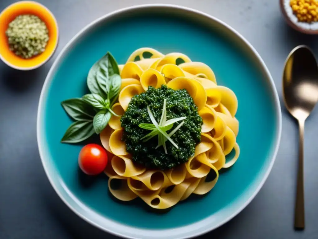 Una deliciosa fusión culinaria única de cocina ítaloperuana: pasta fresca con aji amarillo y quinoa, colores vibrantes y texturas exquisitas