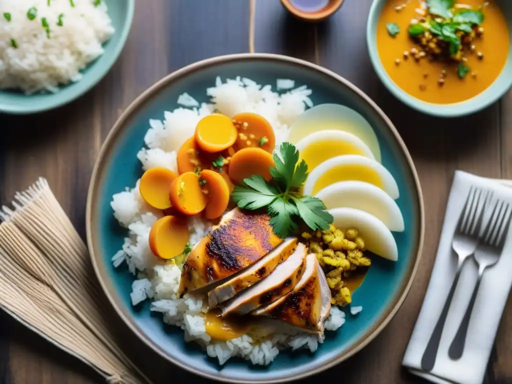 Deliciosa versión de ají de gallina con vibrantes colores y texturas, en una mesa rústica