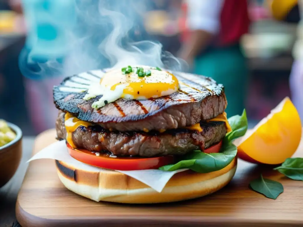 Una deliciosa hamburguesa al estilo peruano con ingredientes vibrantes en un mercado peruano bullicioso