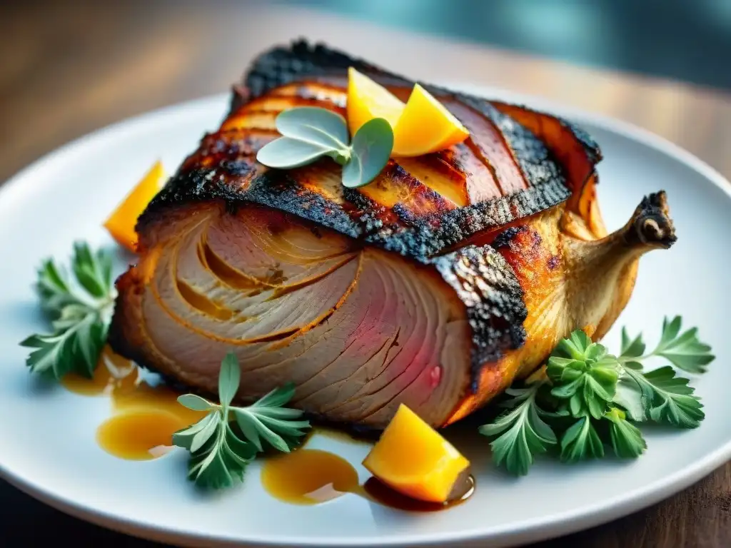Delicioso cuy asado: jugoso y crujiente Una deliciosa imagen de un cuy crocante perfectamente cocido, rodeado de hierbas aromáticas y piel crujiente dorada