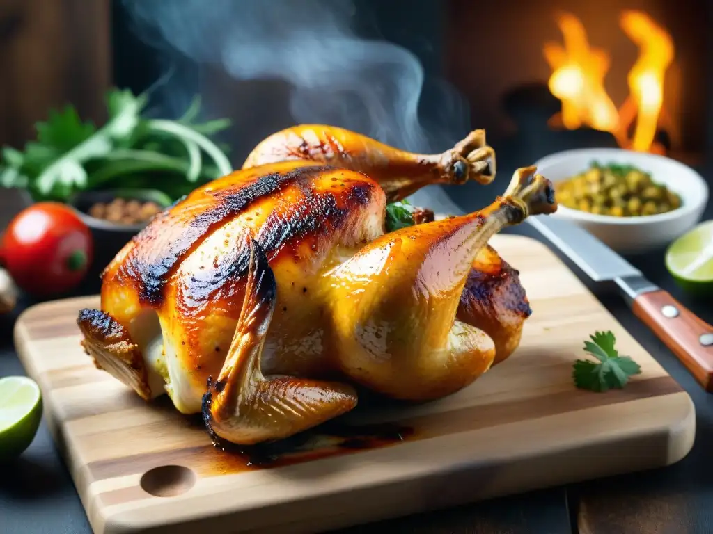 Deliciosa imagen de un pollo a la brasa perfectamente dorado, con jugosa carne y sabrosa sazón