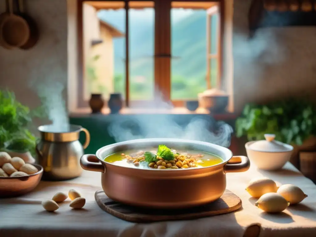 Deliciosa Sopa de Inchicapi con maní cocinándose en estufa de leña en cocina andina