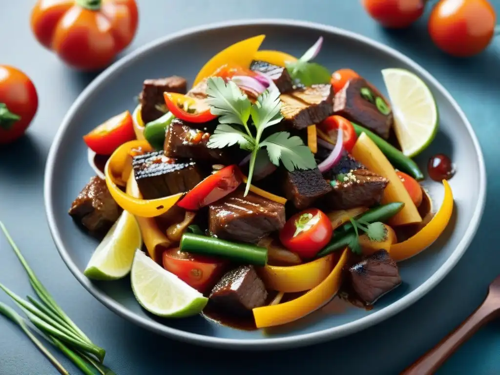 Deliciosa fotografía de un Lomo Saltado peruano, con carne, tomate, cebolla y pimientos, todo goteando jugos y cilantro fresco