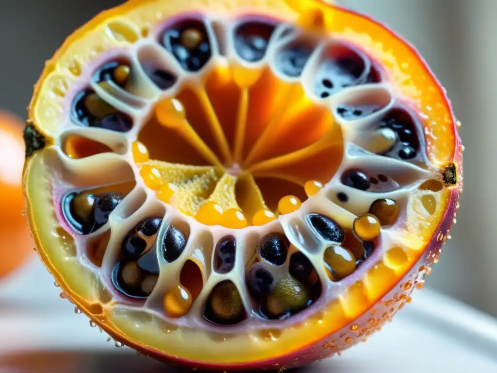 Deliciosa granadilla madura abierta, revelando su pulpa brillante y semillas negras