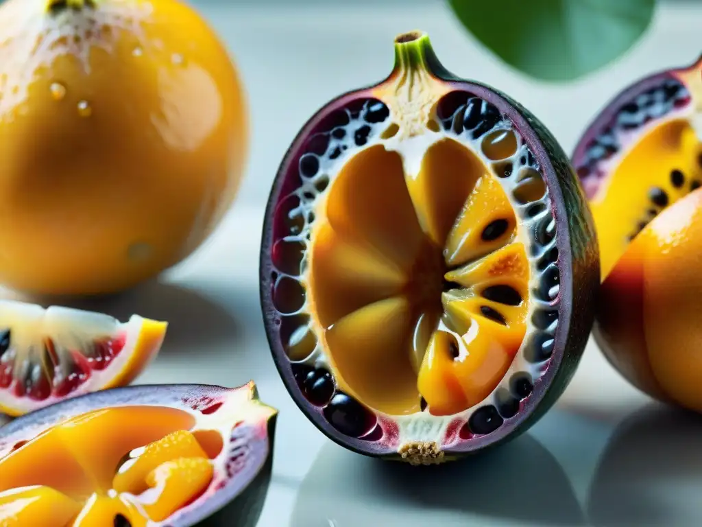 Deliciosa granadilla madura abierta, revelando sus semillas y pulpa jugosa