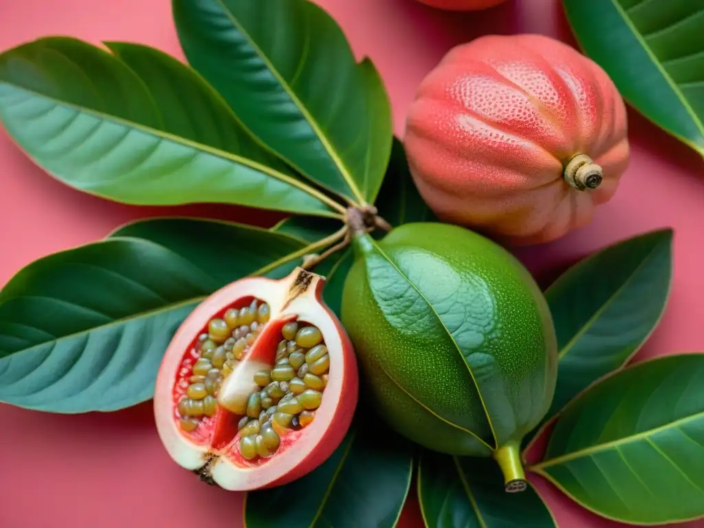 Deliciosa guayaba madura con semillas y piel brillante, rodeada de hojas verdes