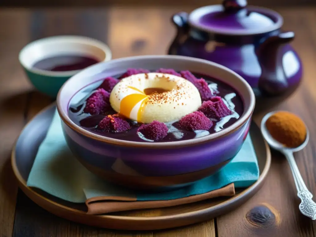 Deliciosa Mazamorra Morada en un tazón colorido sobre mesa de madera rústica