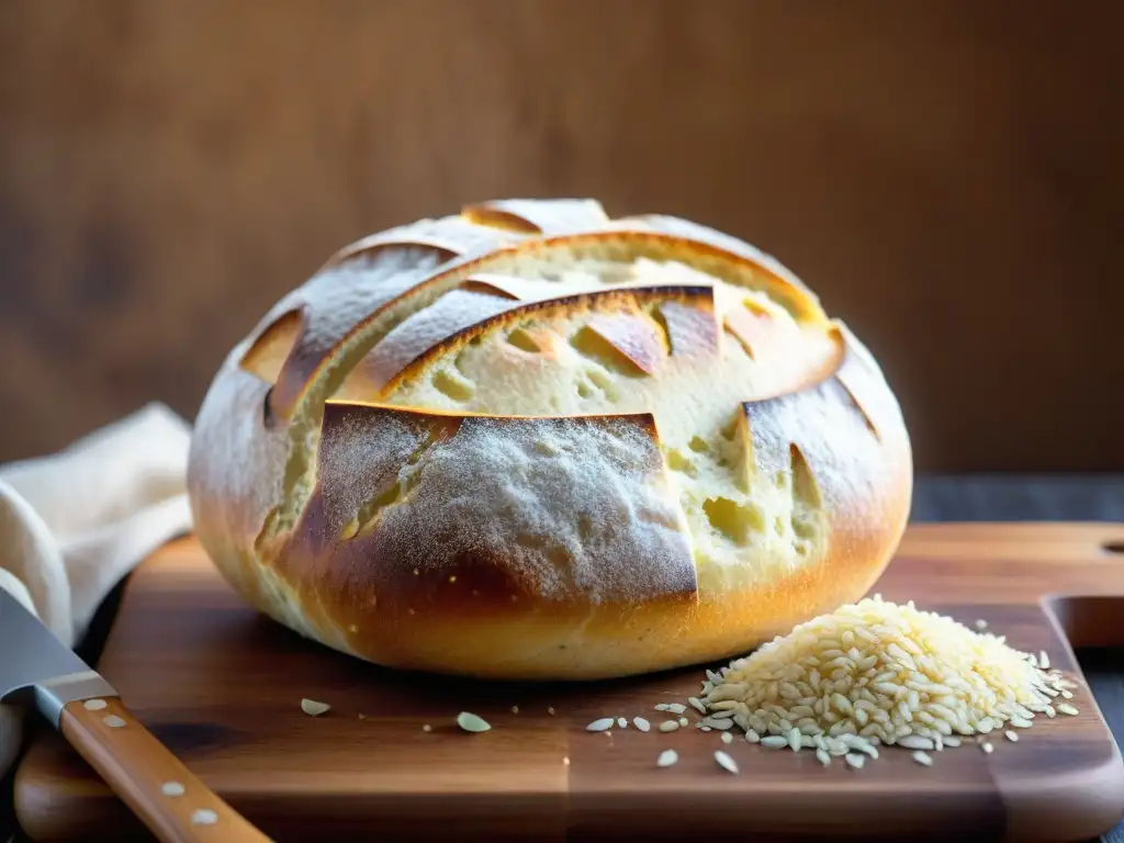 Deliciosa Chola pan artesanal de Lima, con corteza dorada y semillas, en tabla de madera rústica