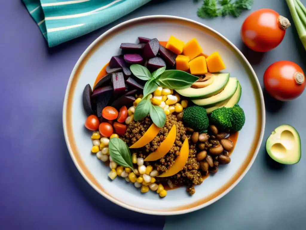 Deliciosa gastronomía peruana vegetariana en un colorido plato de cerámica, en un mercado local