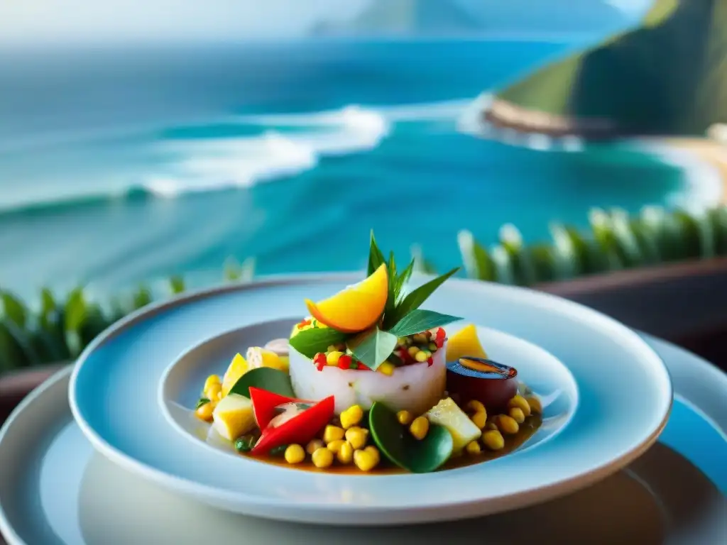 Deliciosa gastronomía peruana con vista al mar, ceviche moderno en restaurante sofisticado