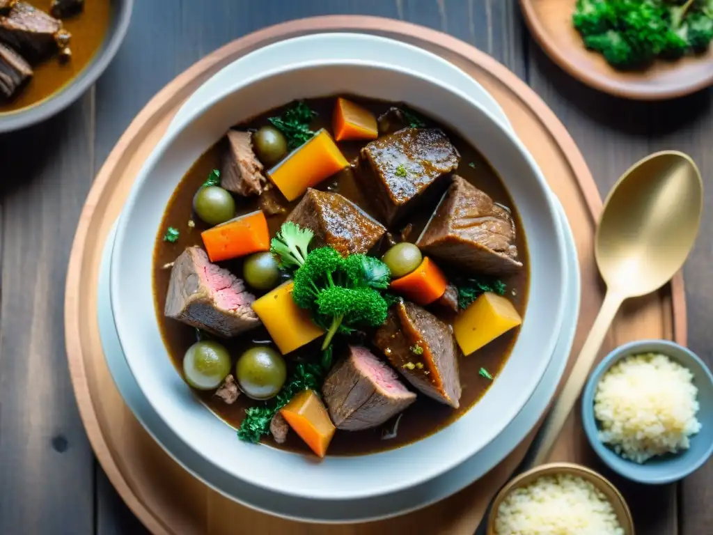 Deliciosa receta de cordero cocinado lentamente, con trozos tiernos de carne, salsa abundante y verduras coloridas en una mesa rústica