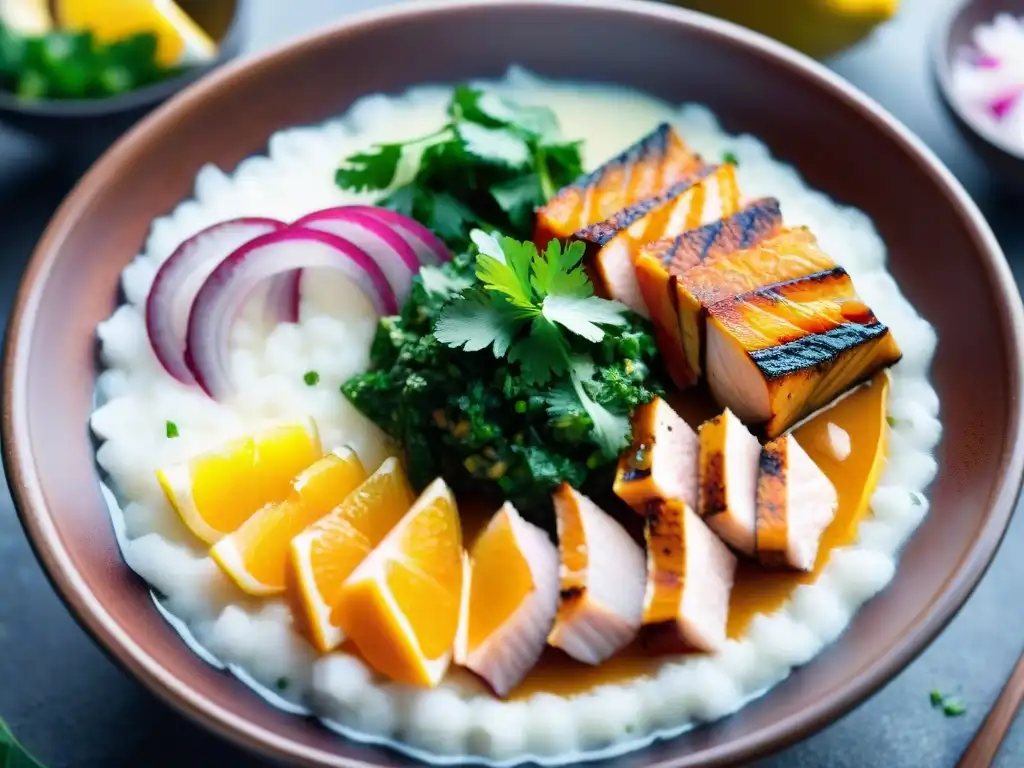 Deliciosa receta leche de tigre peruana: bowl con pescado, cilantro, cebolla roja y marinada cítrica en cerámica tradicional