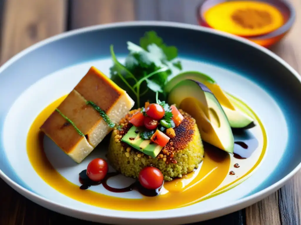 Deliciosa receta tacu tacu moderna con quinoa, aguacate, tofu y salsa aji amarillo en una presentación elegante sobre mesa rústica