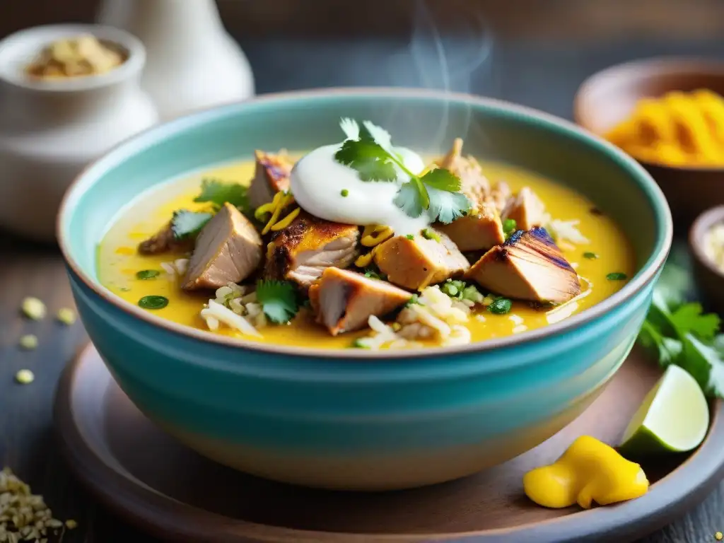 Deliciosa receta tradicional ají de gallina: un tazón humeante con pollo desmenuzado, salsa amarilla y nueces