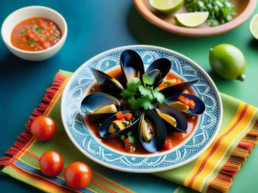 Una deliciosa receta tradicional de Choros a la Chalaca, con mussels, salsa criolla y limón sobre un mantel peruano