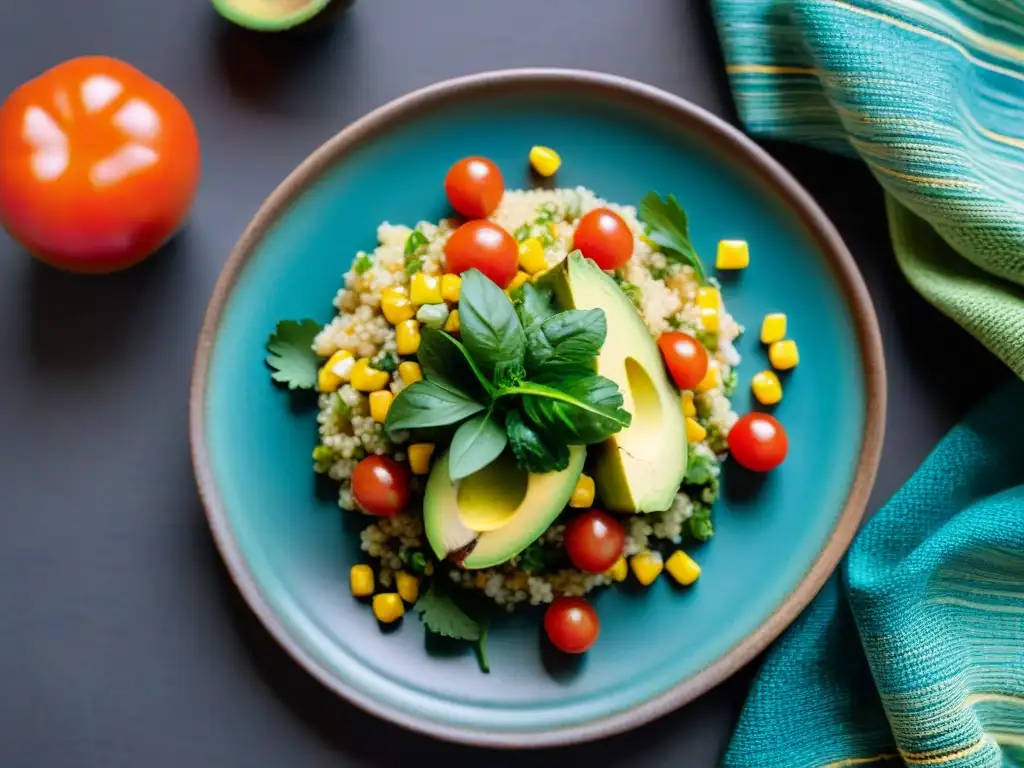 Deliciosa receta vegetariana peruana con quinua, aguacate y maíz, decorada con flores comestibles y aderezo de limón, en un plato de cerámica rústica