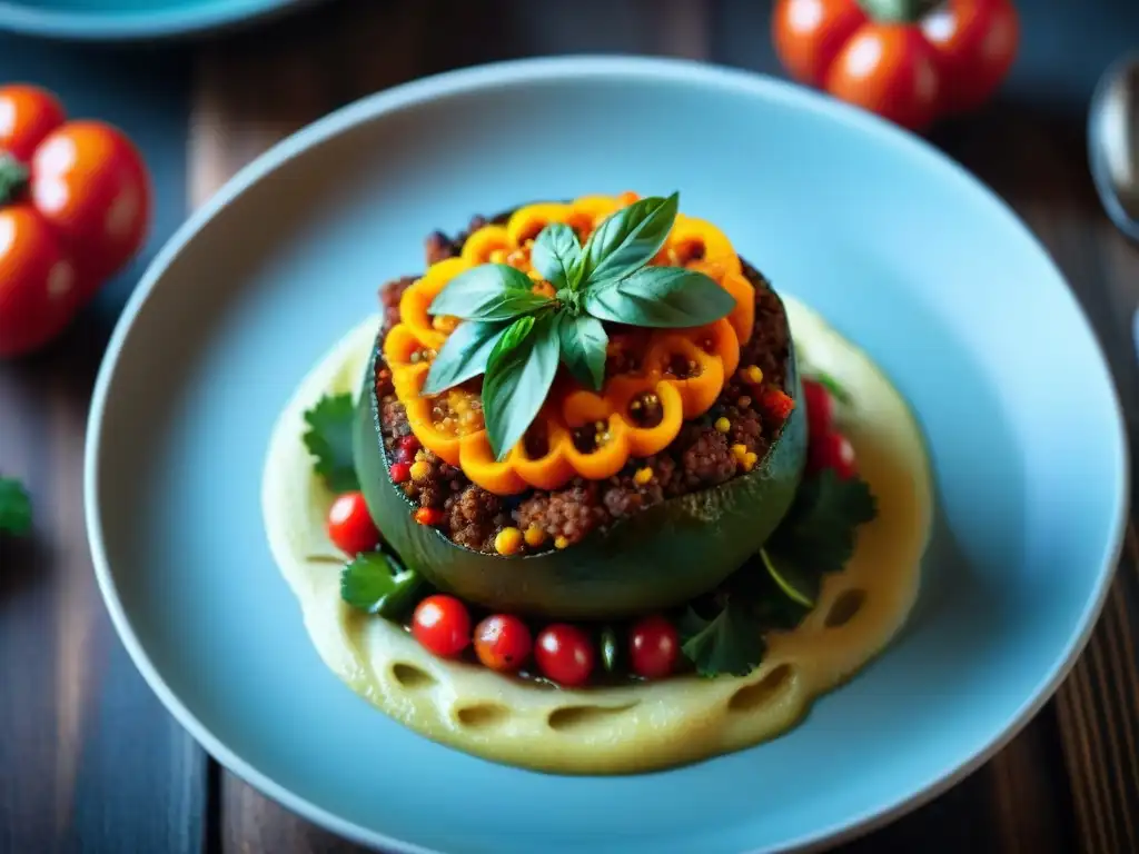 Deliciosa presentación del rocoto relleno, destacando el estilismo para platos picantes en una cocina peruana tradicional