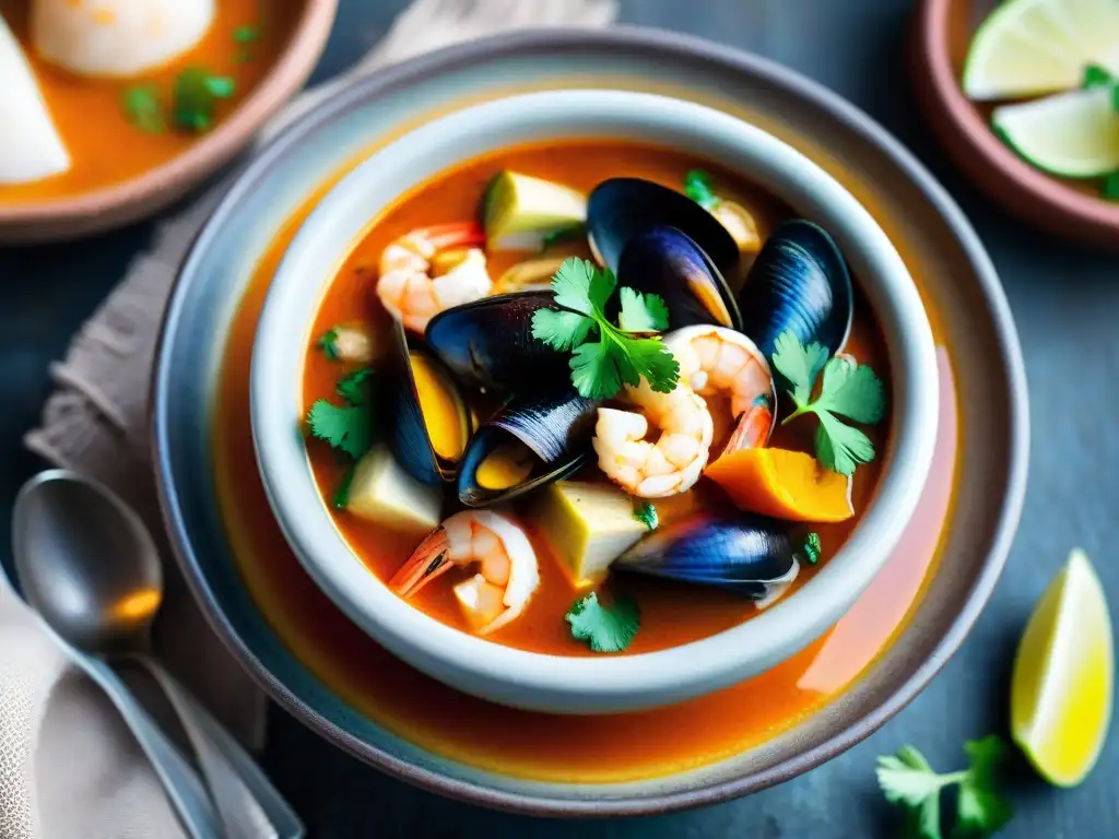 Deliciosa sopa de mariscos peruana receta en un tazón de barro con camarones, calamares, mejillones y pescado fresco