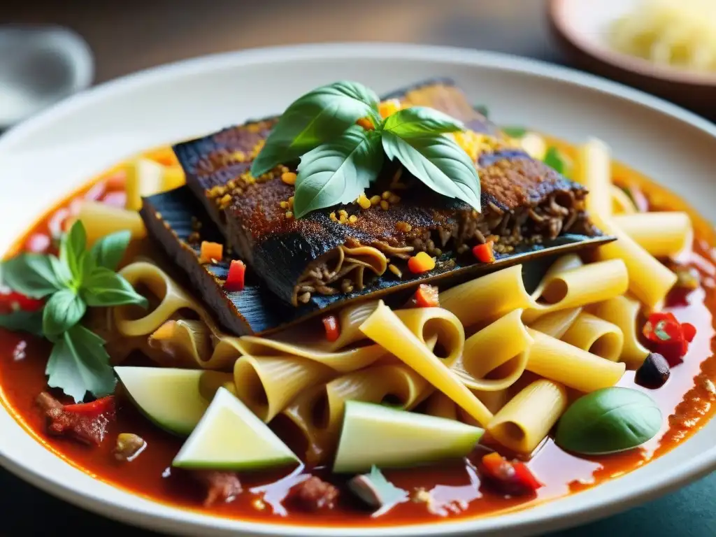 Deliciosa sopa seca fusionando la gastronomía peruana e italiana en una presentación vibrante