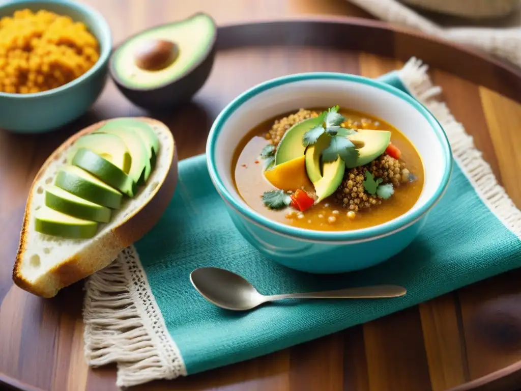 Una deliciosa fotografía de sopas peruanas auténticas: sopa de quinoa con aguacate, cilantro y aji amarillo, sobre mesa de madera rústica