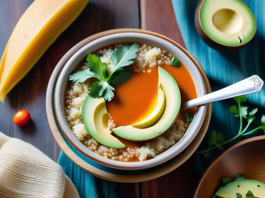 Una deliciosa Fotografía de sopas peruanas estilismo con quinoa, aguacate y aji, sobre mesa de madera rústica