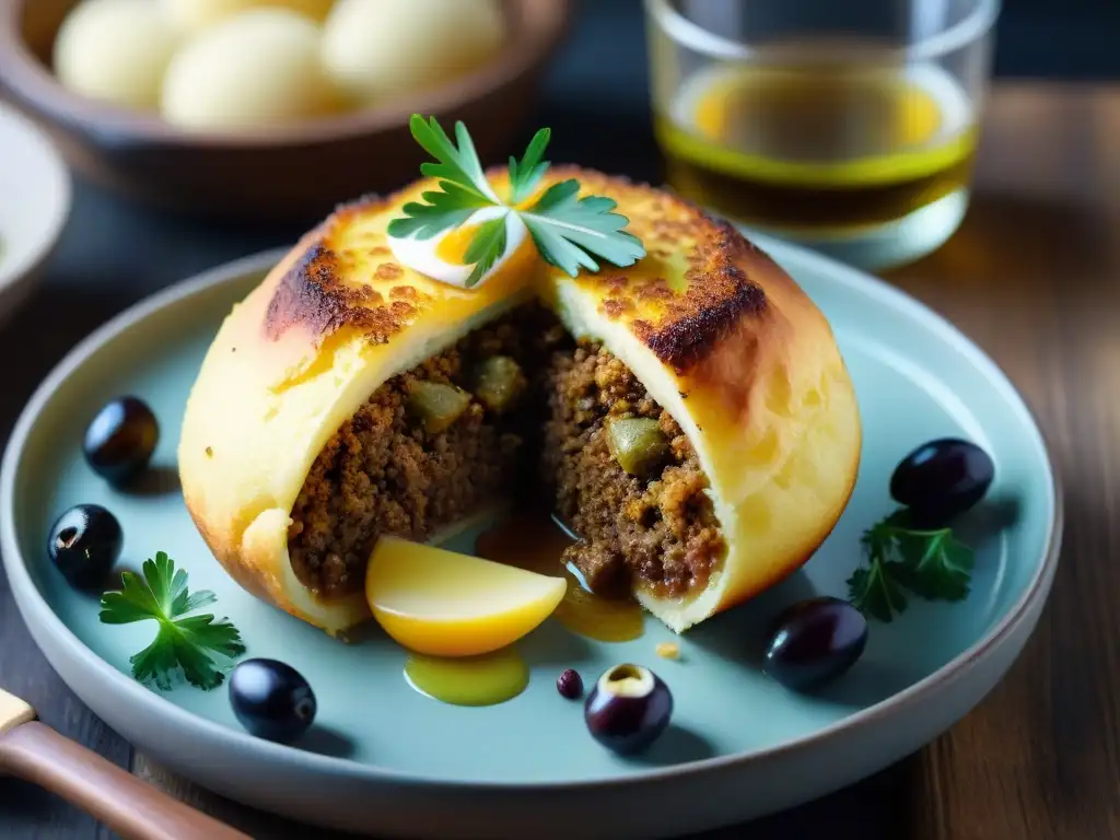 Deliciosa papa rellena con texturas crujientes, relleno jugoso y toque de perejil