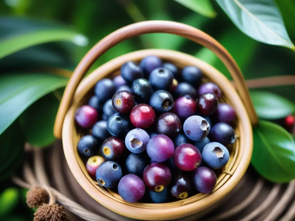 Deliciosas bayas moradas de camu camu en cesta rústica, resplandecientes y frescas bajo la lluvia en la selva