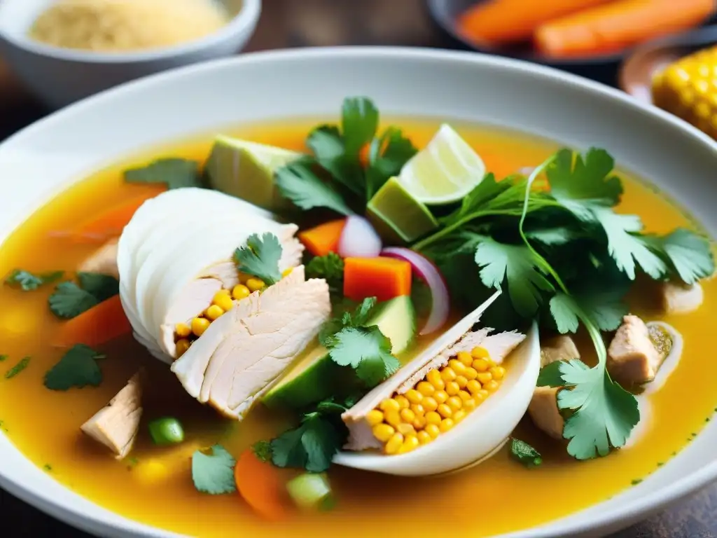 Un delicioso Aguadito de Pollo, con cilantro, maíz y zanahorias en un caldo aromático