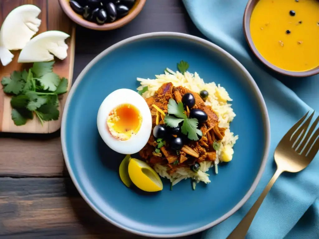 Delicioso ají de gallina: Placer peruano en cada detalle Un delicioso ají de gallina peruano, con salsa amarilla, pollo desmenuzado, huevo, aceitunas y cilantro, en plato de cerámica sobre mesa rústica