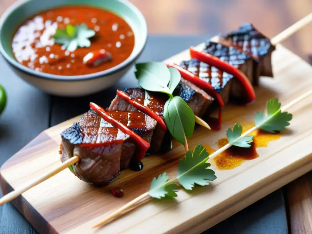 Delicioso anticucho peruano con corazón de res maridado, salsa de ají y cilantro, en un mercado tradicional