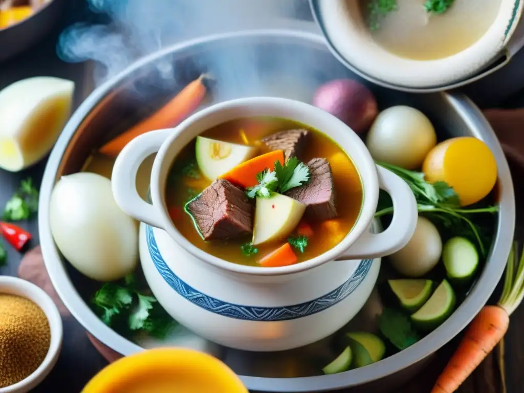 Delicioso Caldo de Cabeza peruano, con carne tierna, verduras y hierbas aromáticas en un ambiente acogedor de cocina tradicional