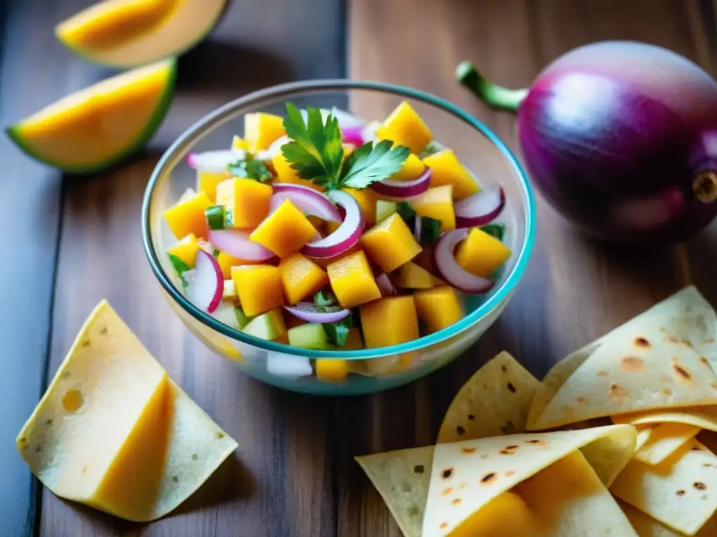 Delicioso ceviche de mango receta paso a paso con ingredientes frescos y coloridos en un tazón de vidrio sobre mesa de madera