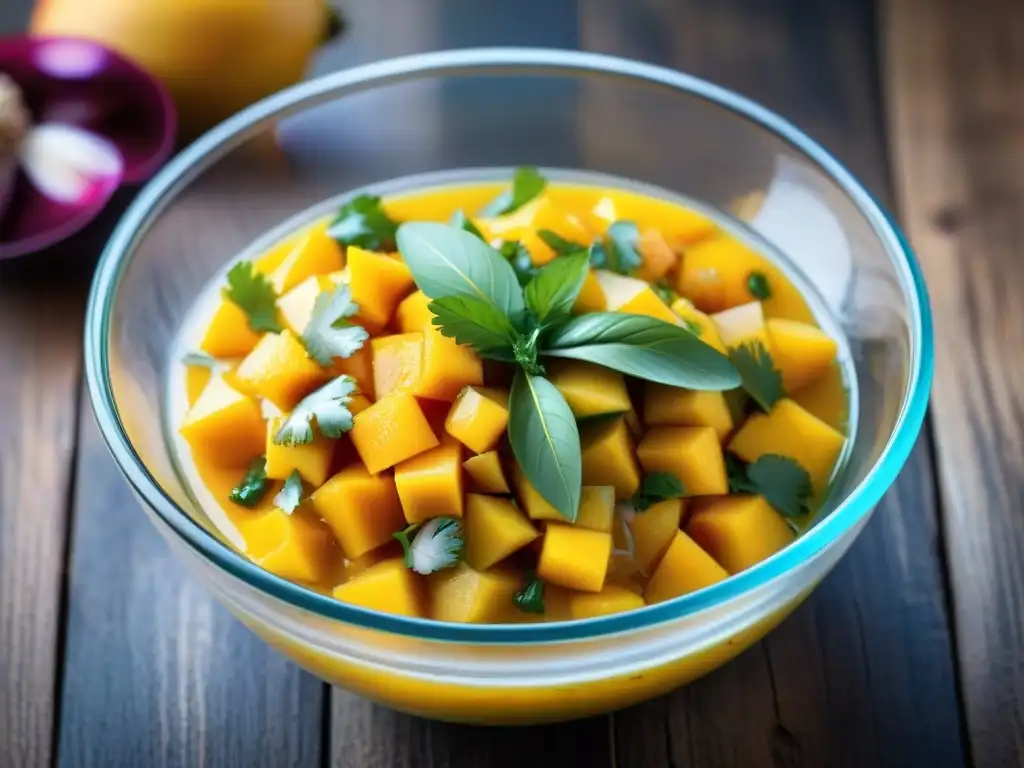 Delicioso ceviche de mango: trozos jugosos en aderezo cítrico, cilantro y cebolla roja, en un tazón de vidrio sobre fondo rústico