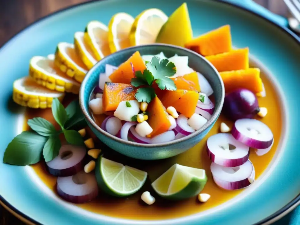 Delicioso ceviche peruano con colores vibrantes y presentación artística en plato de cerámica rústico