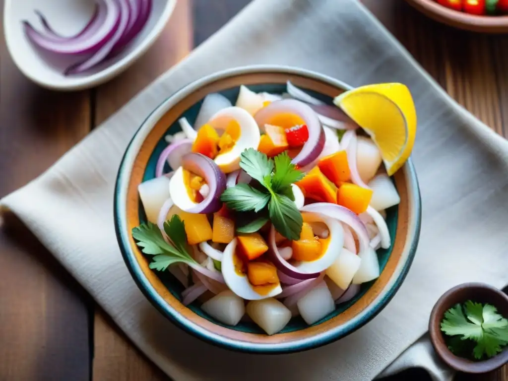 Delicioso ceviche peruano con ingredientes autóctonos